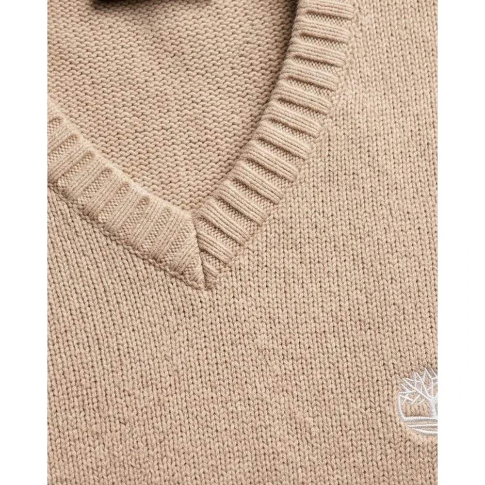 Timberland Mens L V-Neck Y2K Vintage Lambswool Sweater Beige Tan Large Logo‎